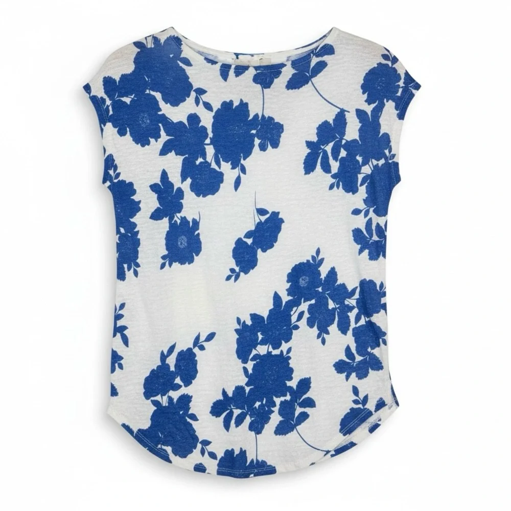 Cynthia Rowley Linen Floral Cap Sleeve Summer Top Vacation Travel Blue White M - Picture 3 of 7